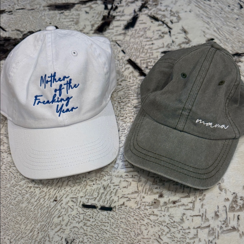 White "Mother of the Freaking Year" and Khaki Mama Baseball Caps